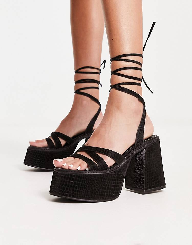 Topshop Skye ankle tie platform sandals in black